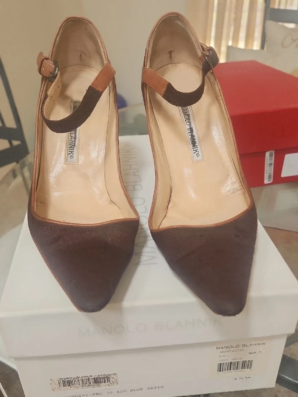 Manolo Blahnik Dark Brown Woven Mesh Trimmed With Leather. 31/2
